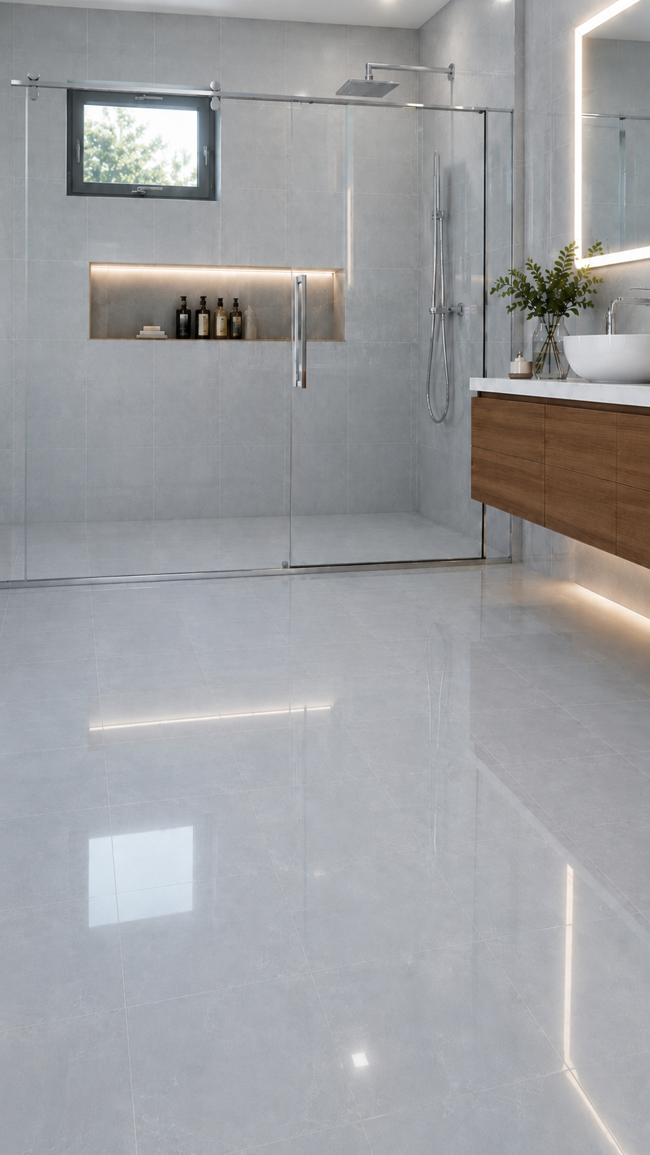 Banheiro com Rivesti SafeFloor, revestimento piso sobre piso para banheiro, box, cozinha e lavanderia, com acabamento vitrificado de alto brilho e resistência ao escorregamento em áreas molhadas