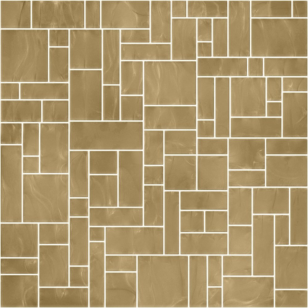 Pastilhas Rivesti Geométricas em tom dourado, com peças de diferentes formatos e tamanhos formando uma paginação contemporânea para revestimento de paredes.