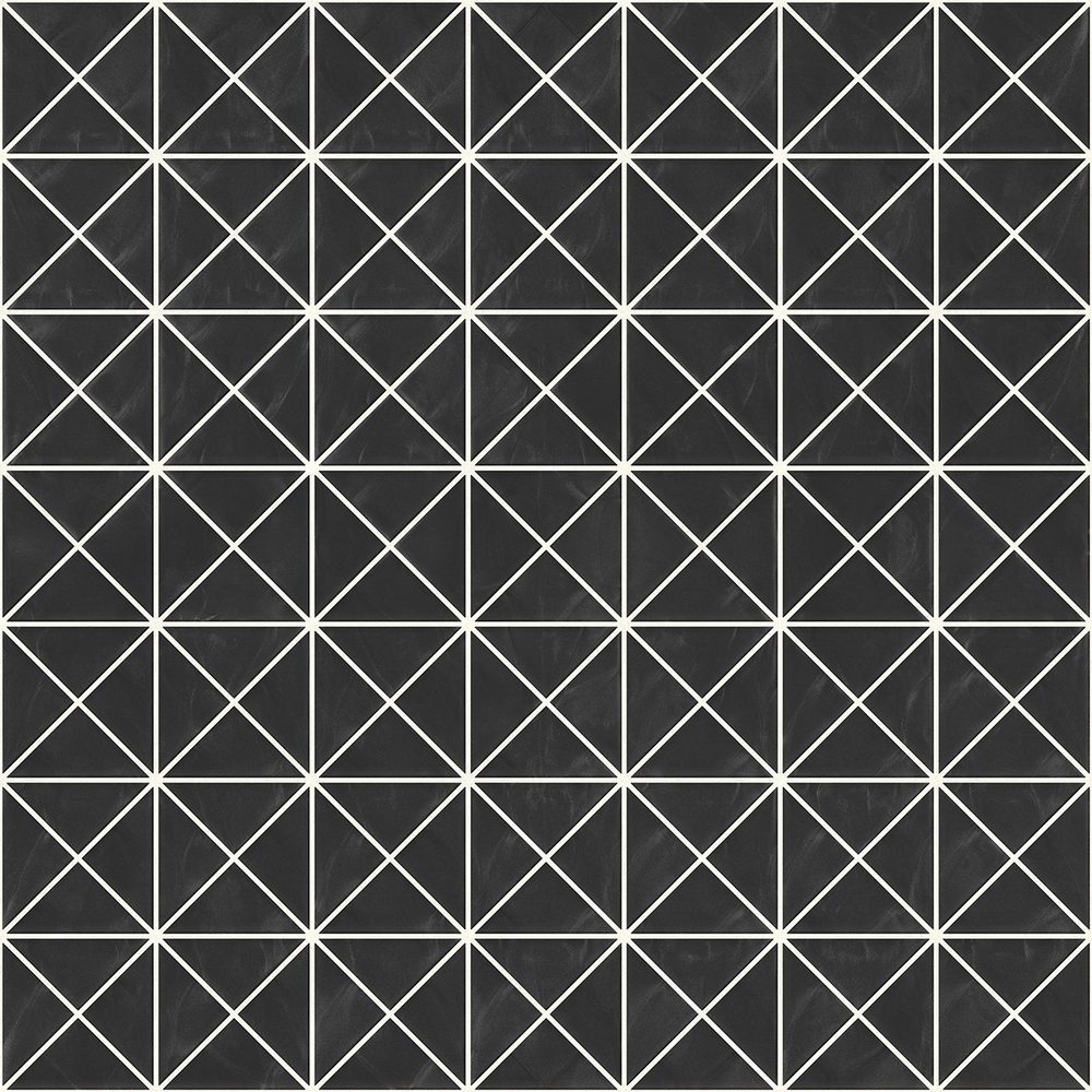 Pastilhas Rivesti Triangulares pretas, formando composição geométrica com linhas diagonais e acabamento de alto brilho para revestimento de paredes.