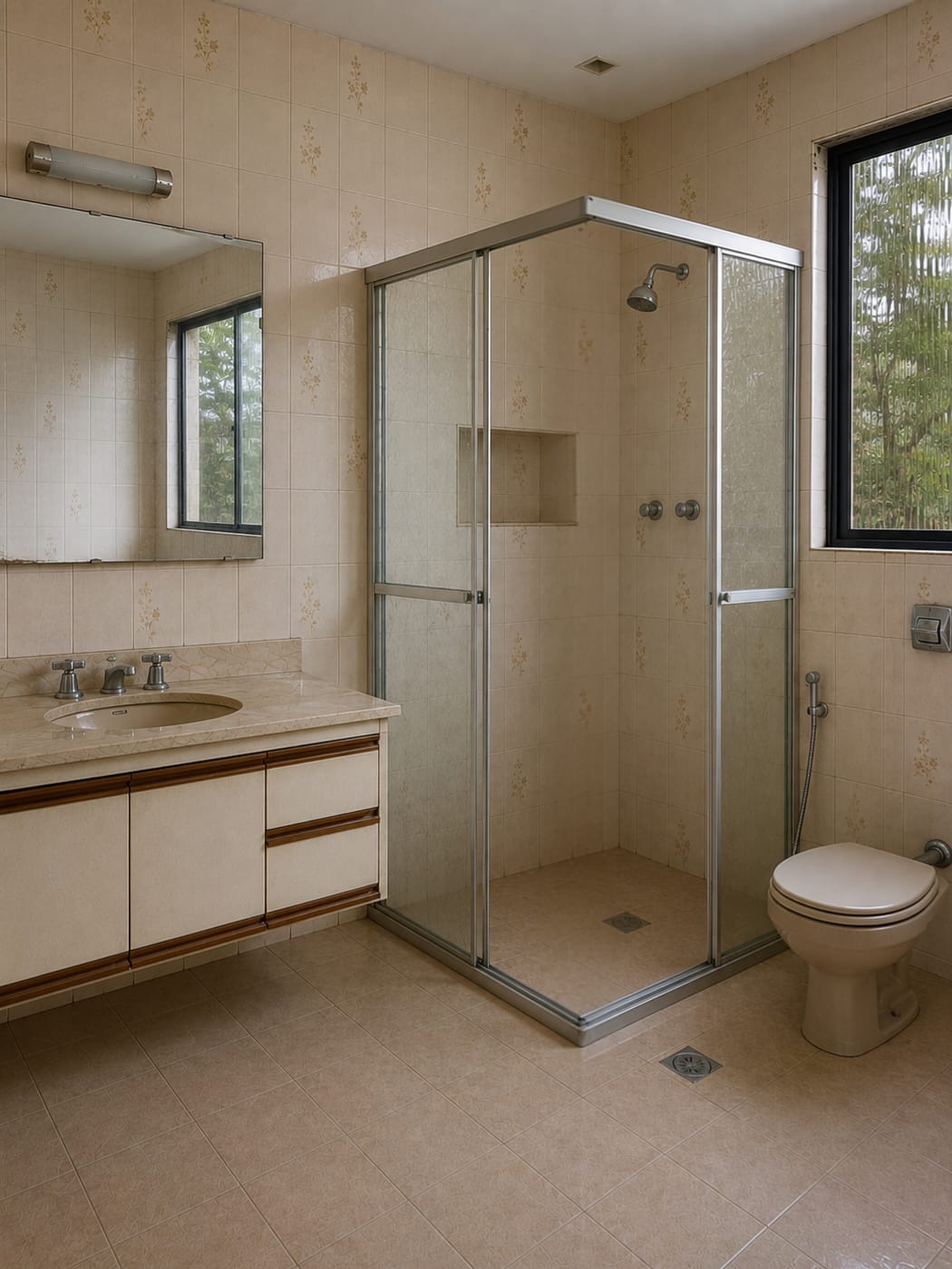 Antes e depois de banheiro reformado com Rivesti SafeFloor aplicado piso sobre piso, diretamente sobre o revestimento existente, sem remover a cerâmica, com acabamento vitrificado de alto brilho e maior resistência ao escorregamento