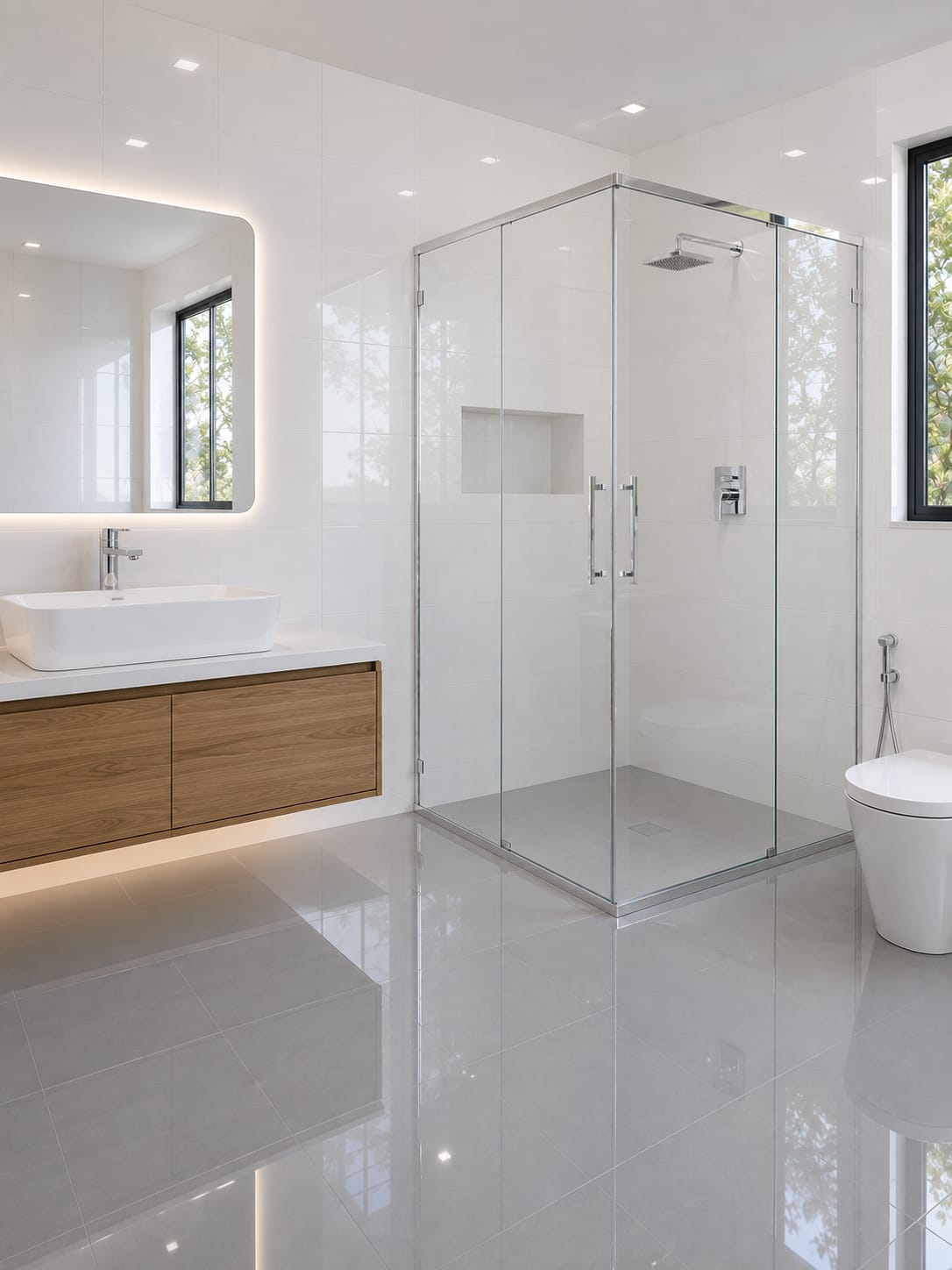 Antes e depois de banheiro reformado com Rivesti SafeFloor aplicado piso sobre piso, diretamente sobre o revestimento existente, sem remover a cerâmica, com acabamento vitrificado de alto brilho e maior resistência ao escorregamento